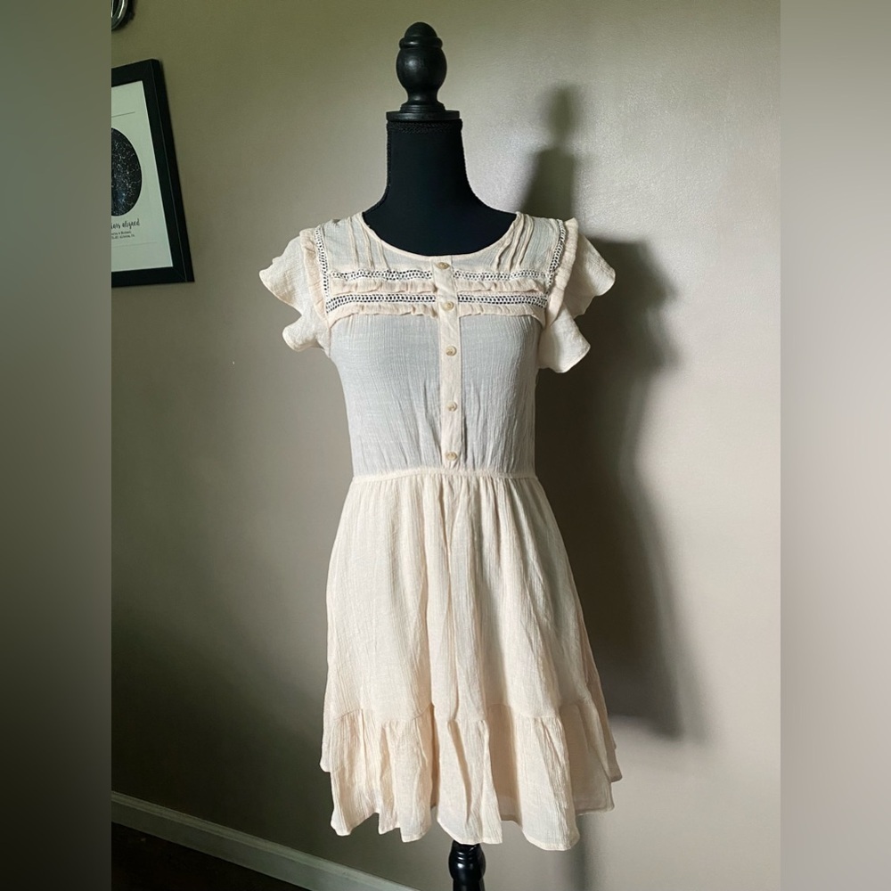 MINE Anthropologie dress beige rayon lightweight crinkle summer sz S boho chic